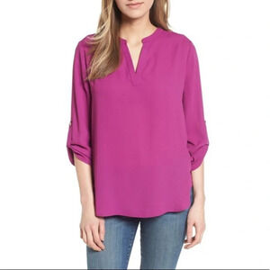 Everleigh Roll-Tab Tunic Top Blouse Purple Tee XS